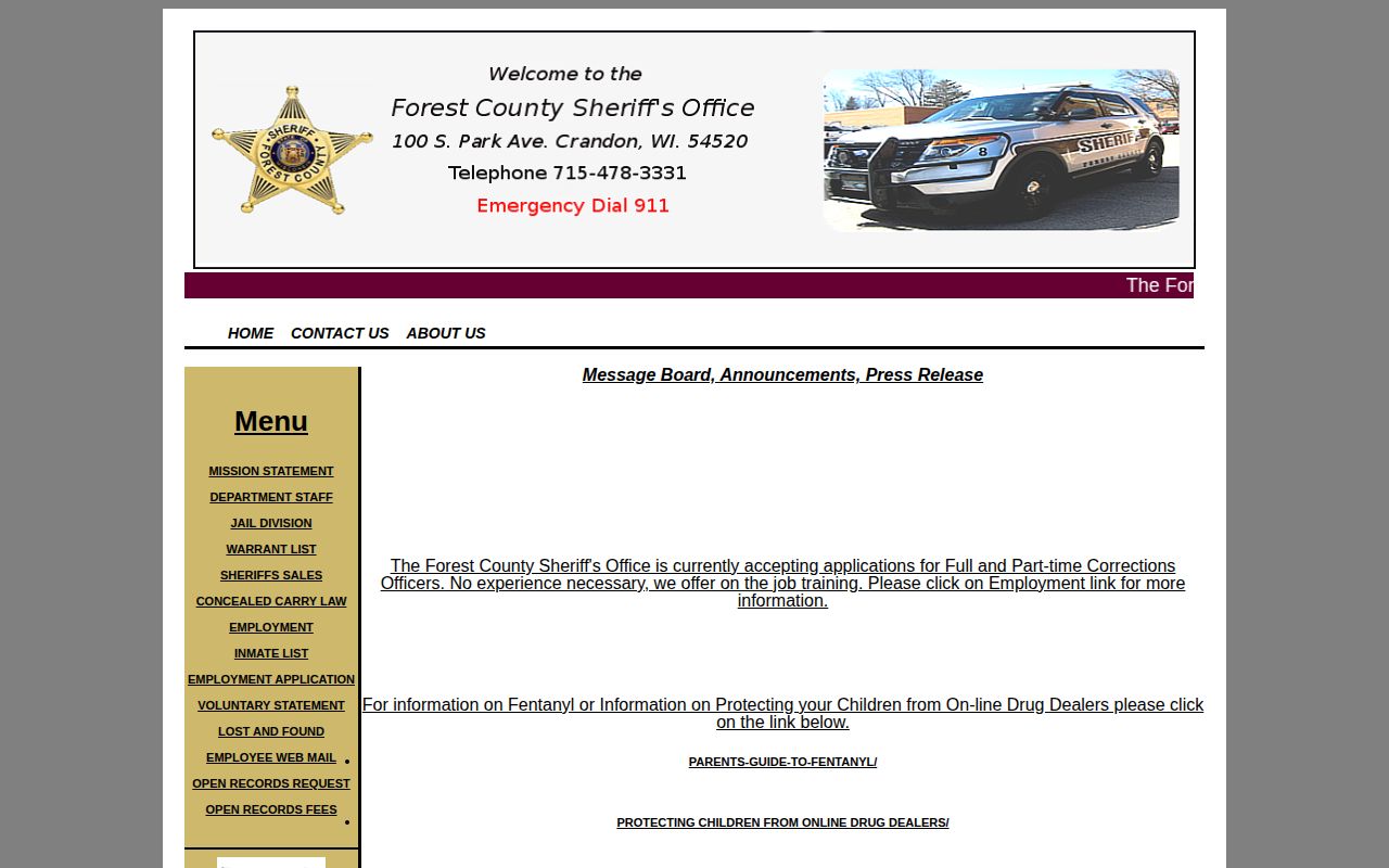 Forest County official sheriff custody and booking record source