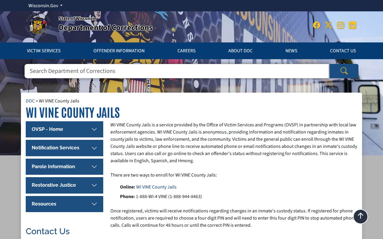 Forest County Wisconsin VINE custody notification source