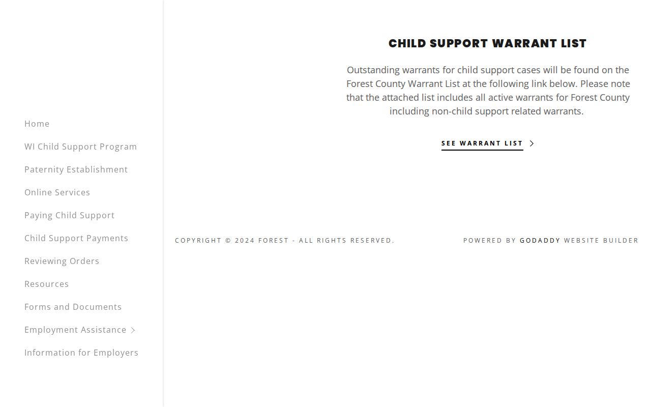Forest County Child Support Agency official warrant-list source